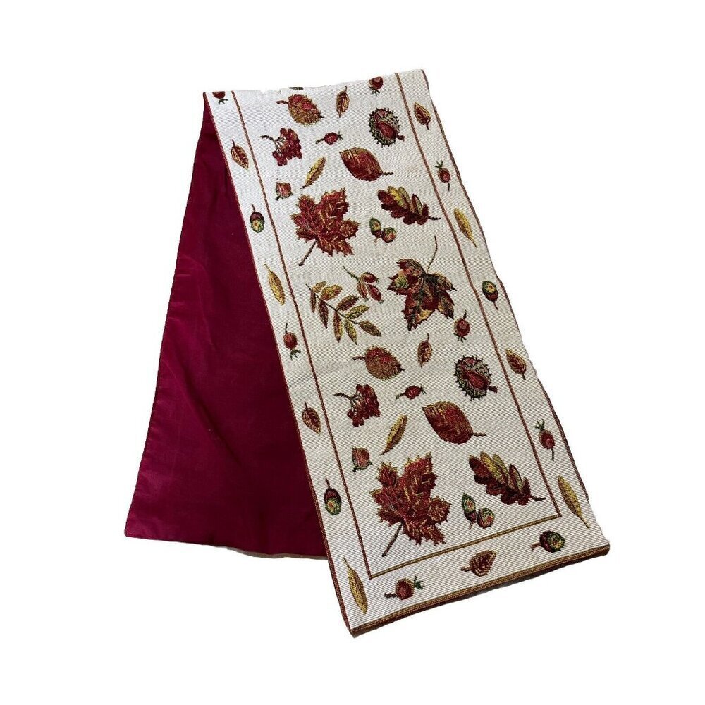 Autumn Fall Thanksgiving Tapestry Table Runner Maple Leaves Acorn 55” X 12”​​​